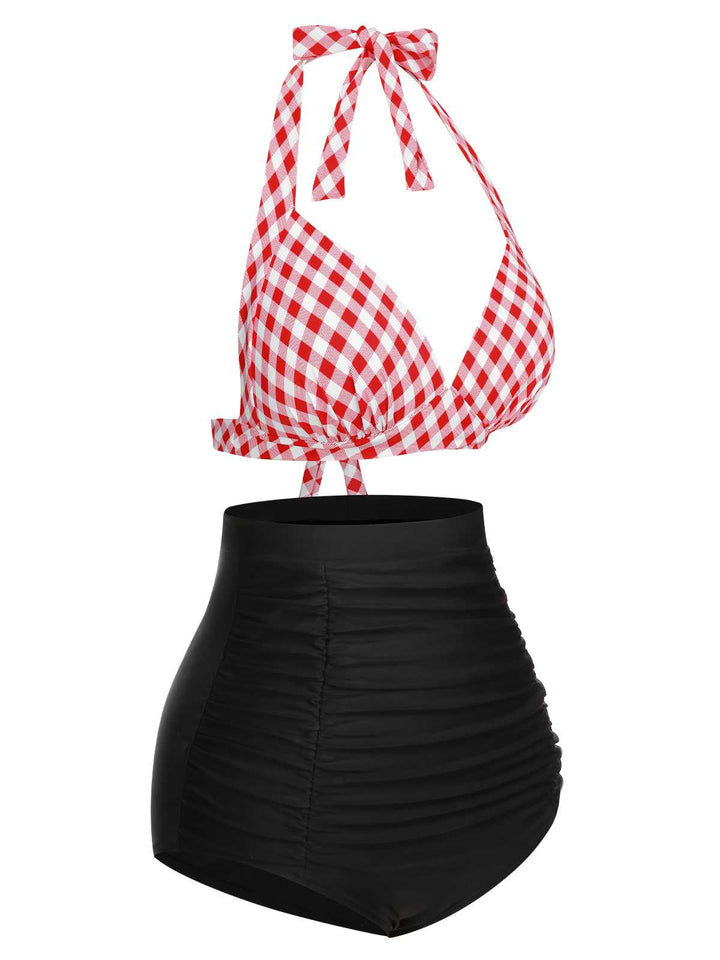 1950s Halter Plaids Lace-Up Swimsuit, vintage swimsuit, pin-up swimwear - perfect for women who love vintage and retro fashion