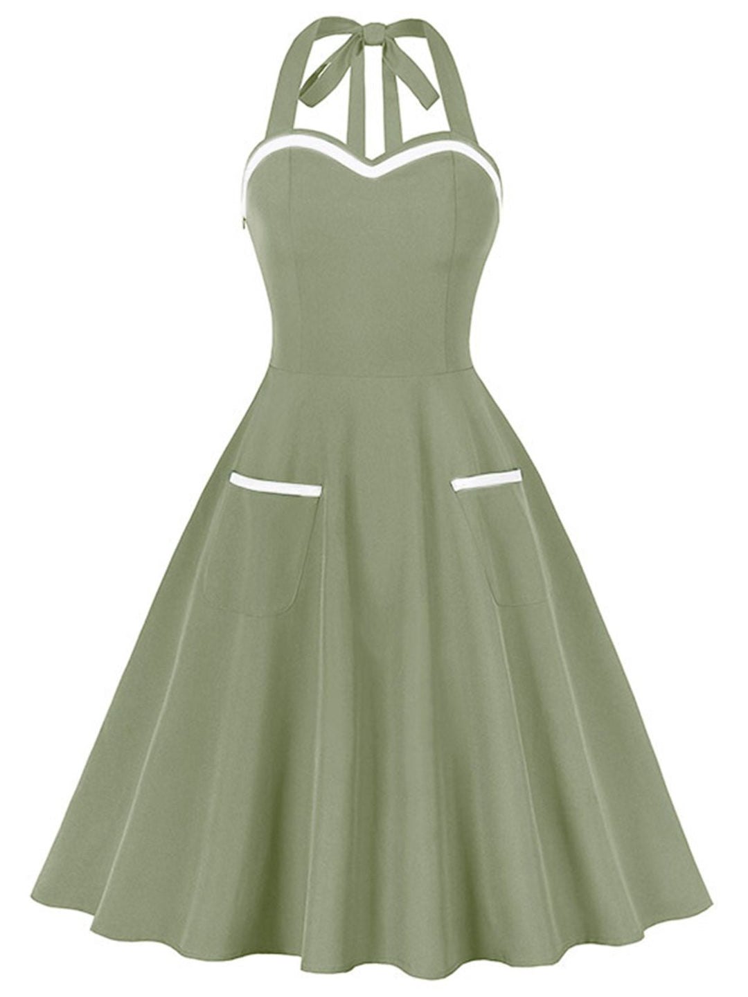 She slips into this 1950s Halter Pockets Backless Swing Dress and suddenly it&
