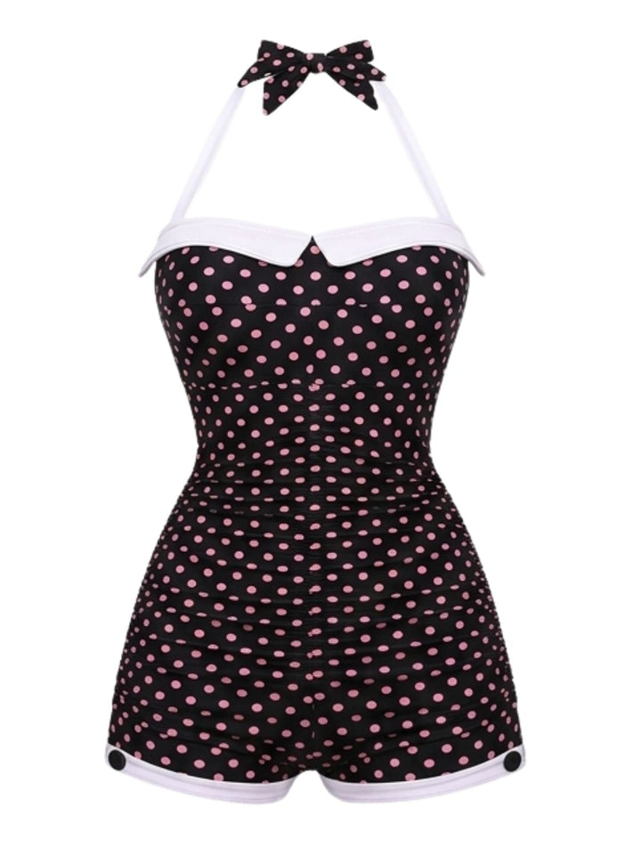1950s Halter Poka Dot Bowknot One-piece Swimsuit - vintage swimwear, retro swimsuit, pin-up style for vintage lovers