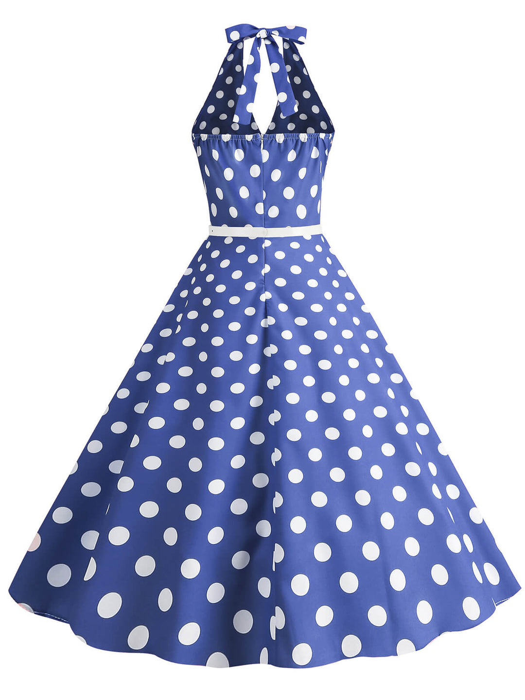 She slips into this 1950s Halter Polka Dot Print Swing Dress and suddenly it&