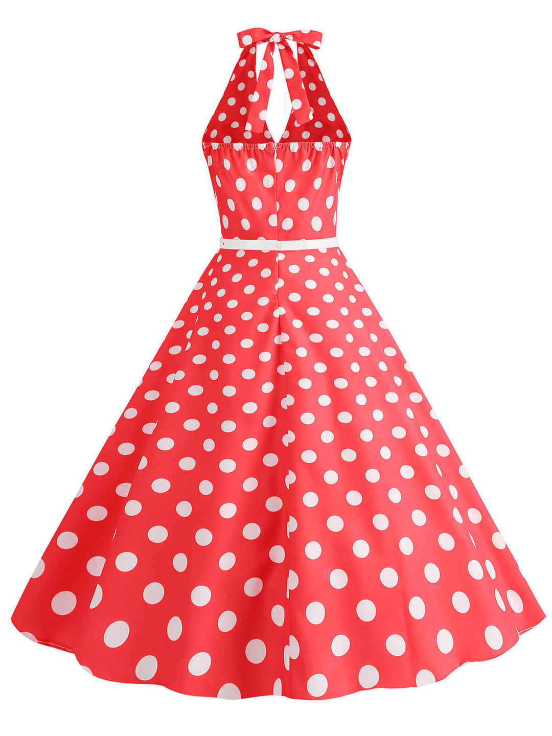 She slips into this 1950s Halter Polka Dot Print Swing Dress and suddenly it&