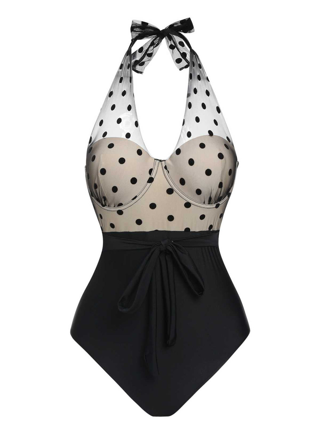 Black 1950s Halter Polka Dots Mesh Swimsuit: 1950s Riviera elegance, reimagined for her