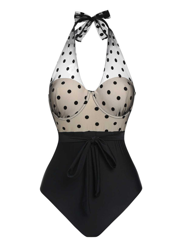 Black 1950s Halter Polka Dots Mesh Swimsuit: 1950s Riviera elegance, reimagined for her