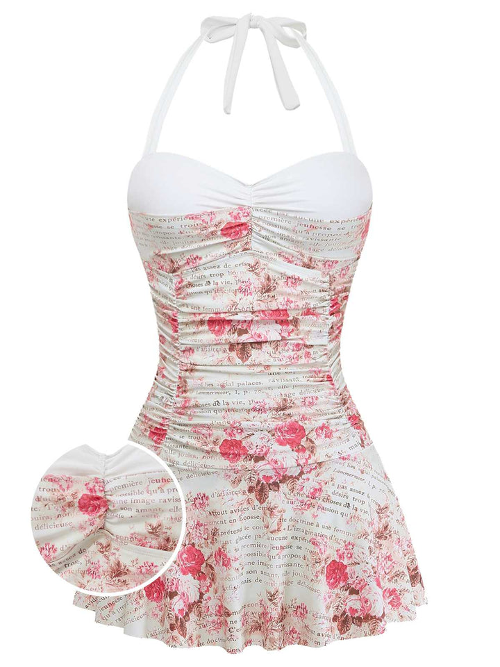 1950s Halter Roses Ruched Tummy Control Swimdress - vintage dress, retro fashion, rockabilly