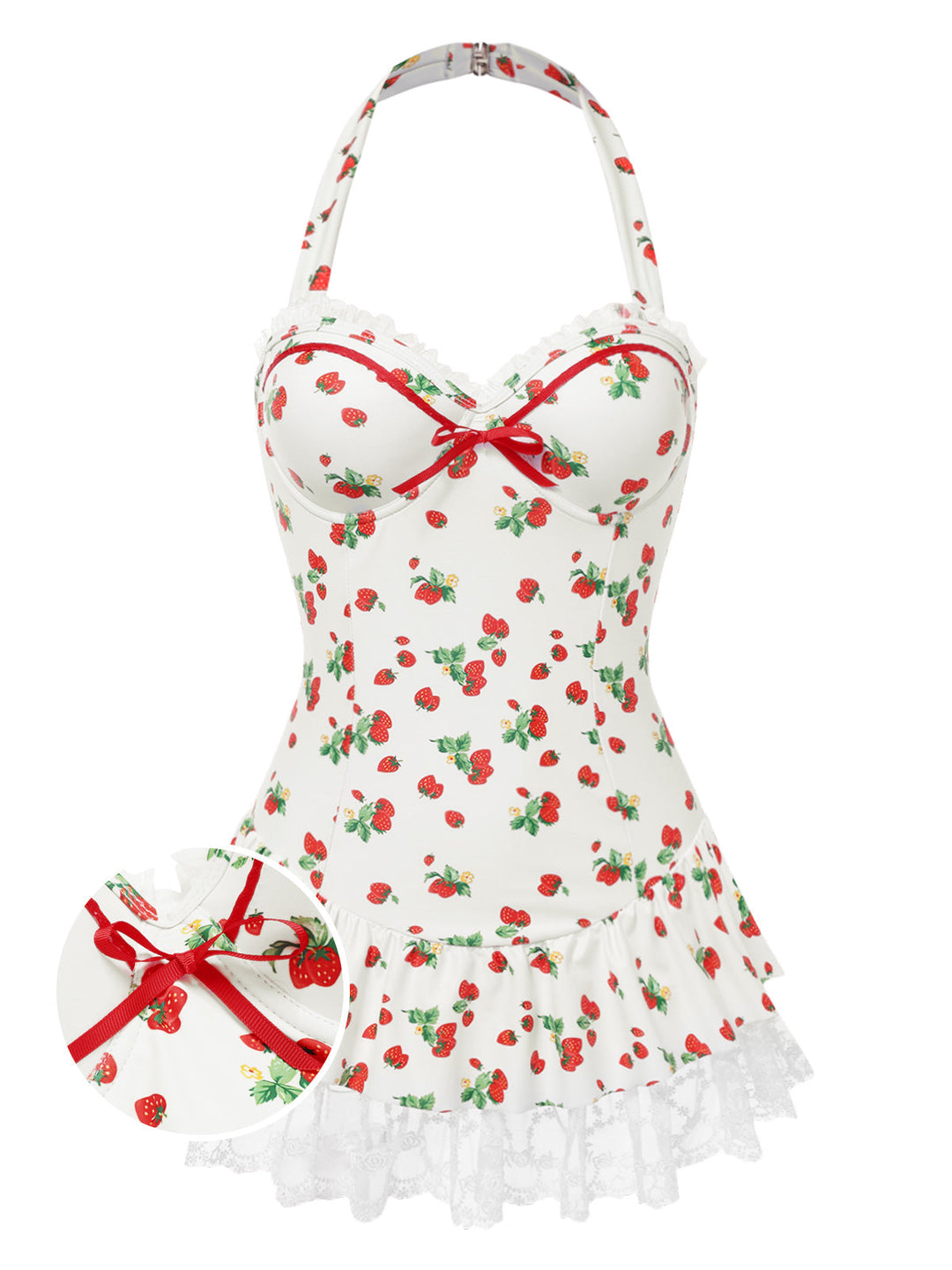 Halter Strawberry Lace Bow Swimdress - vintage dress, retro fashion