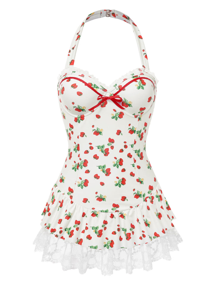 Halter Strawberry Lace Bow Swimdress - vintage dress, retro fashion