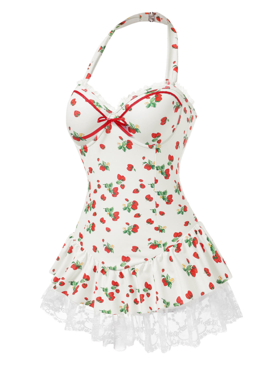 Halter Strawberry Lace Bow Swimdress - vintage dress, retro fashion