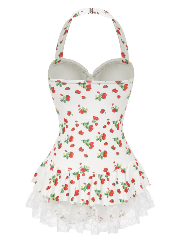 Halter Strawberry Lace Bow Swimdress - vintage dress, retro fashion