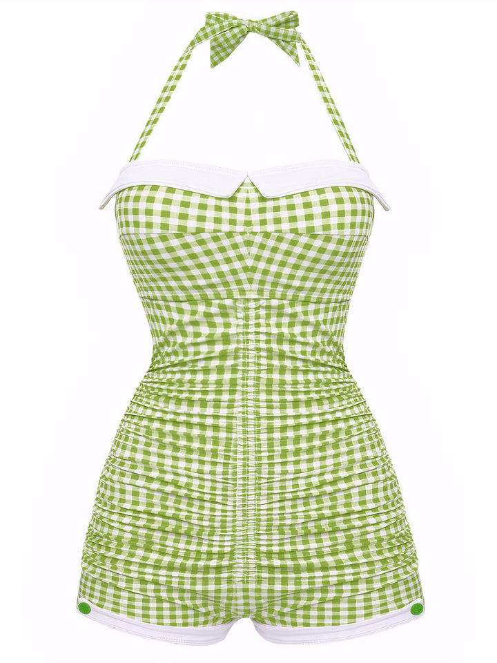 1950s Halter Striped Polka Dot Bowknot One-piece Swimsuit | vintage swimwear, retro swimsuit, pin-up style - perfect for retro fashion enthusiasts