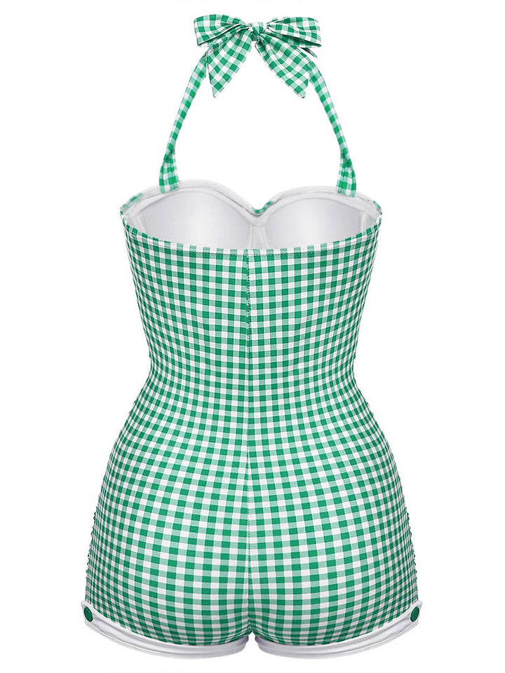 1950s Halter Striped Polka Dot Bowknot One-piece Swimsuit - vintage swimwear, retro swimsuit, pin-up style for vintage lovers
