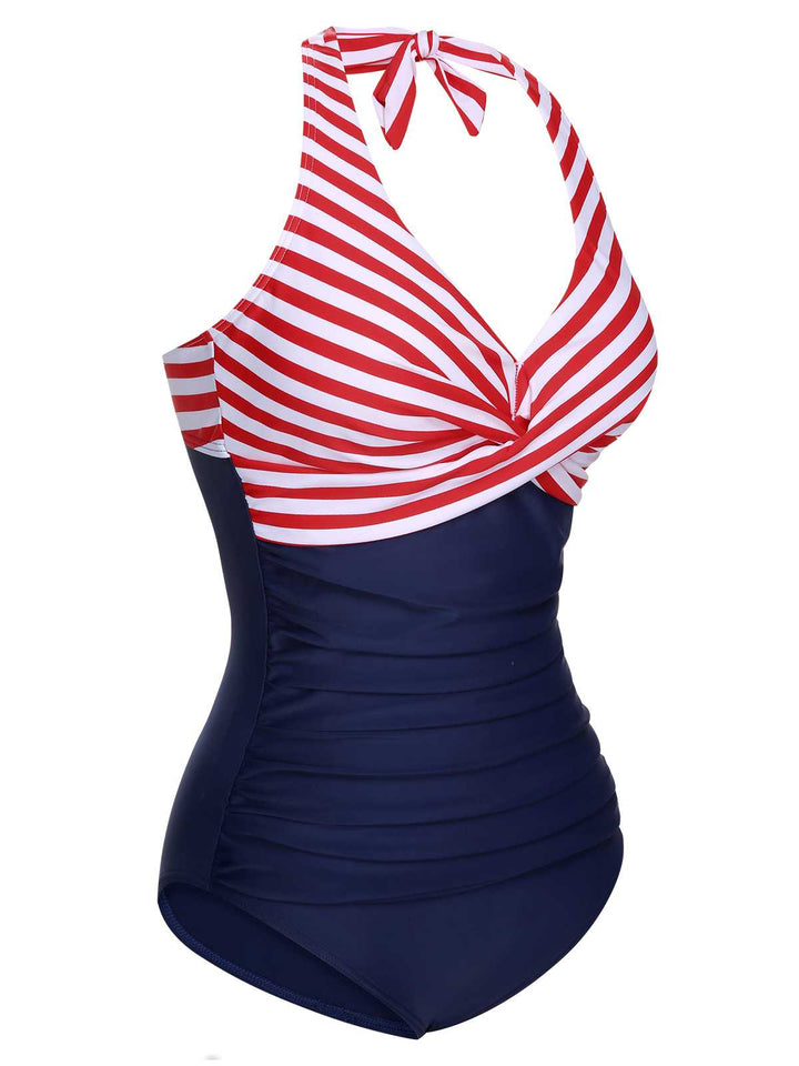 1950s Halter Stripes One-Piece Swimsuit - vintage swimsuit, pin-up style