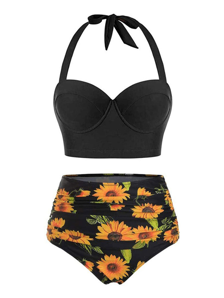 Halter Sunflower Pleated Bikini Set: timeless style reimagined