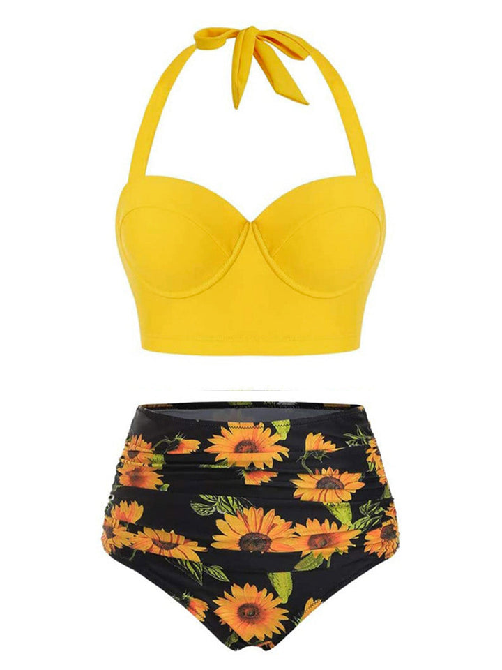 Halter Sunflower Pleated Bikini Set: timeless style reimagined