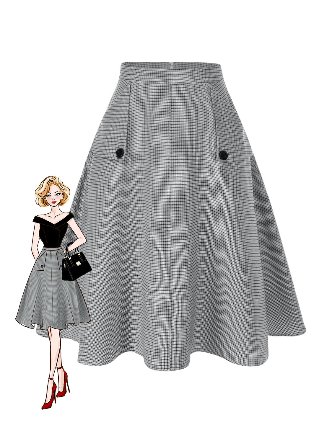 1950s High-Waist Plaids Button Pocket Skirt - vintage skirt, retro style