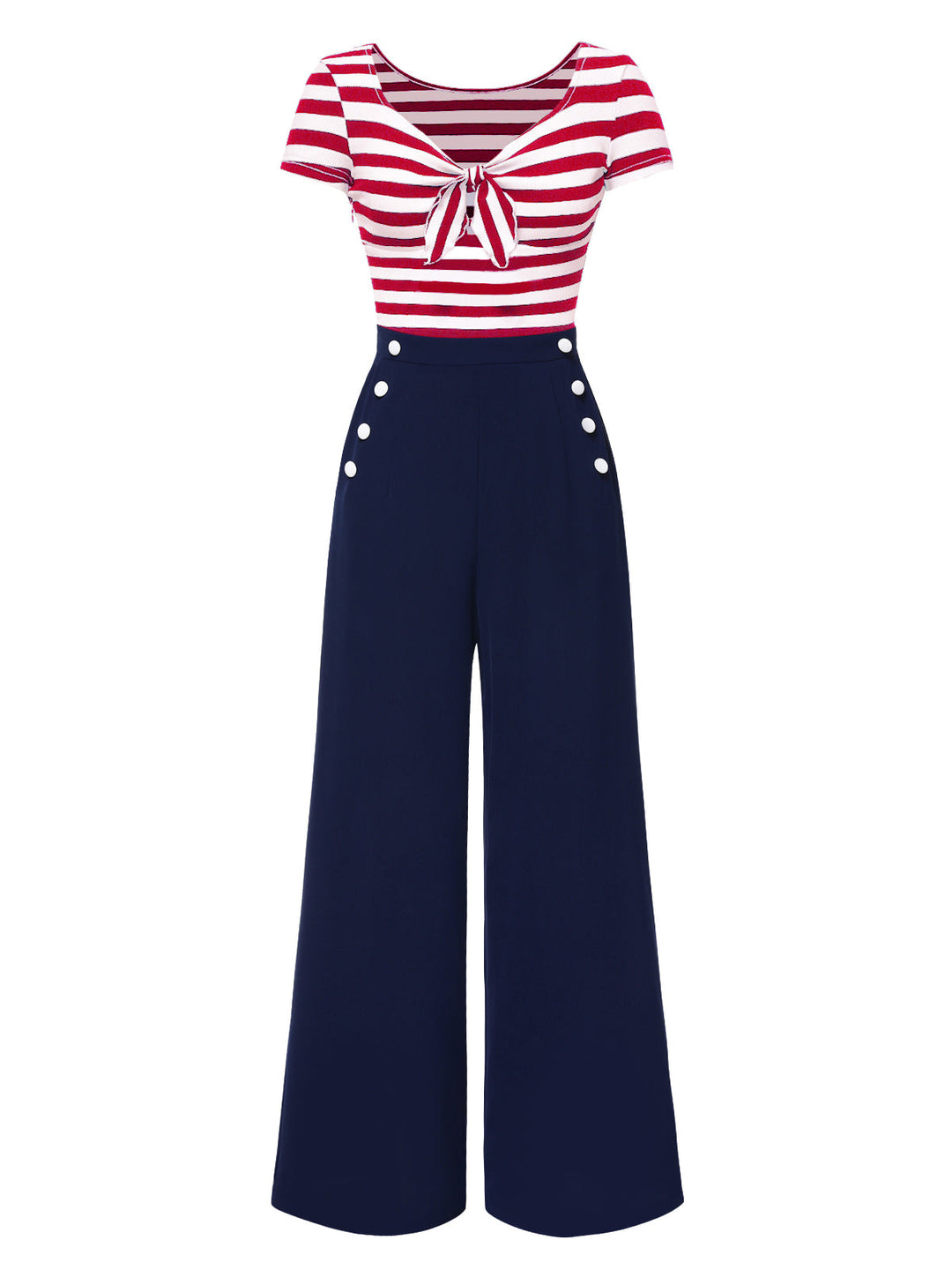 1950s Hollow Bow Stripe Patchwork Jumpsuit - vintage jumpsuit, retro chic for women