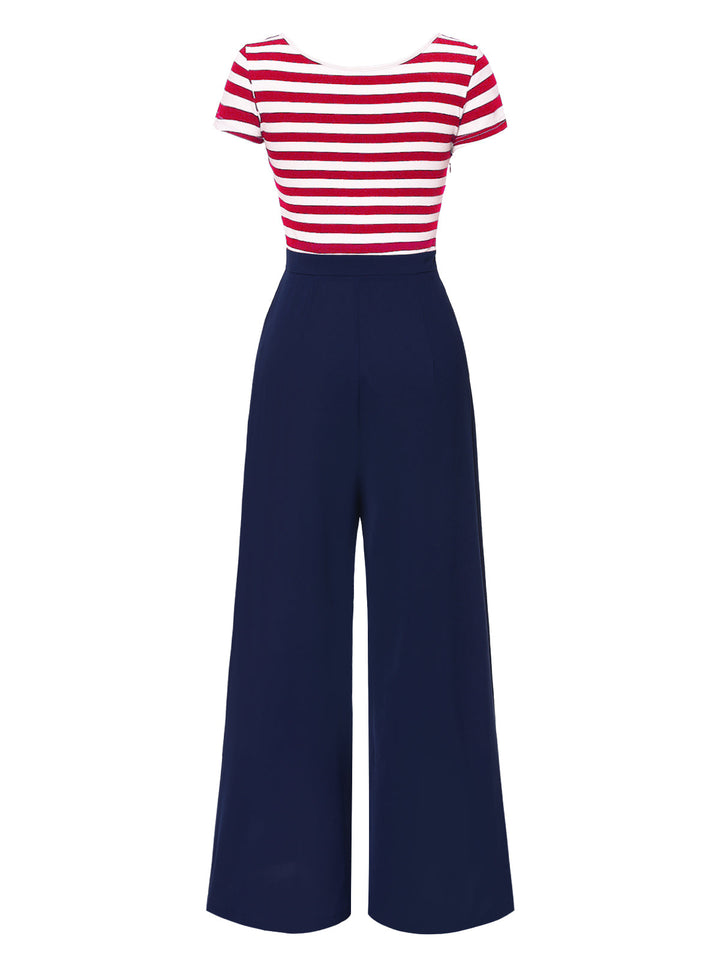 1950s Hollow Bow Stripe Patchwork Jumpsuit - vintage jumpsuit, retro chic for women