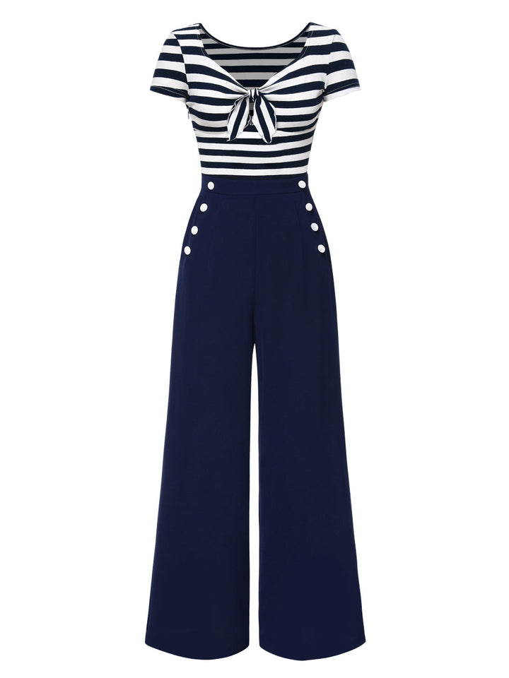 1950s Hollow Bow Stripe Patchwork Jumpsuit - vintage jumpsuit, retro chic for women
