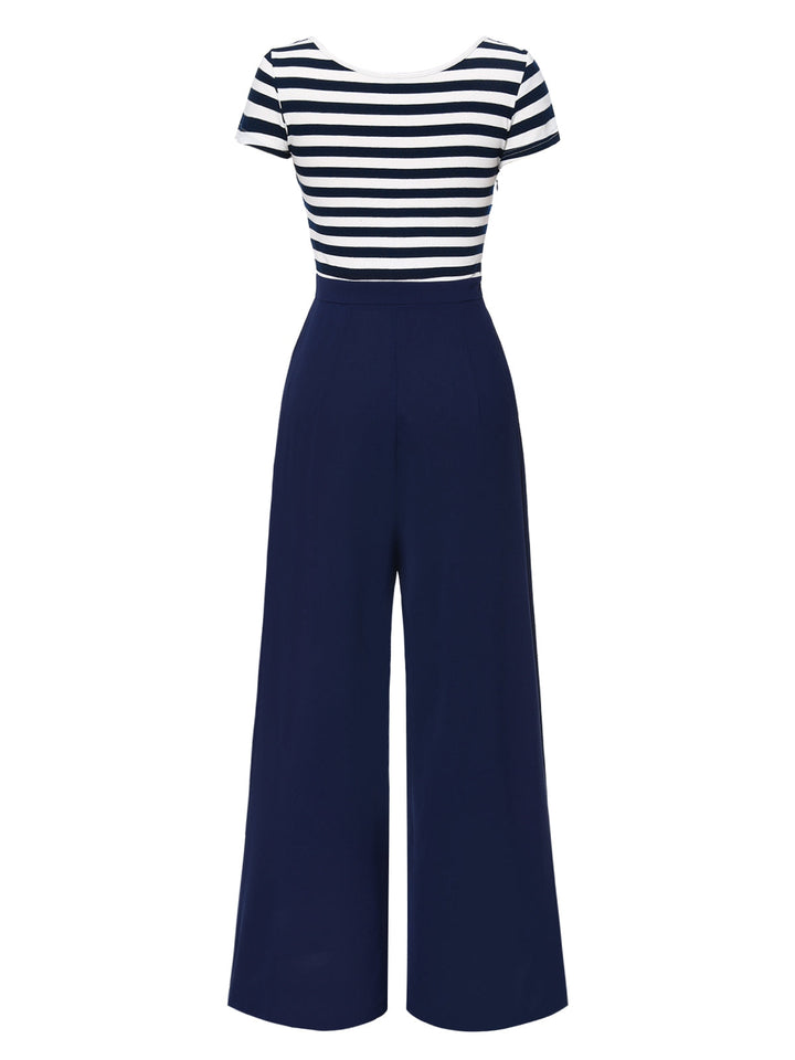 1950s Hollow Bow Stripe Patchwork Jumpsuit - vintage jumpsuit, retro chic for women