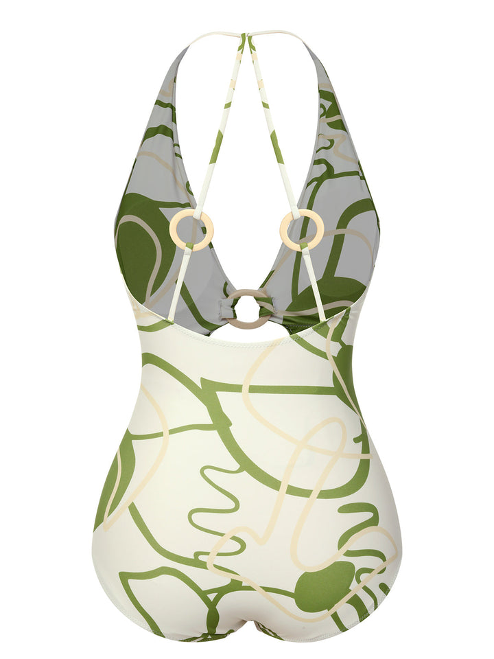 1950s Hollow Ring Backless Halter Swimsuit, vintage swimsuit, pin-up swimwear - perfect for women who love vintage and retro fashion
