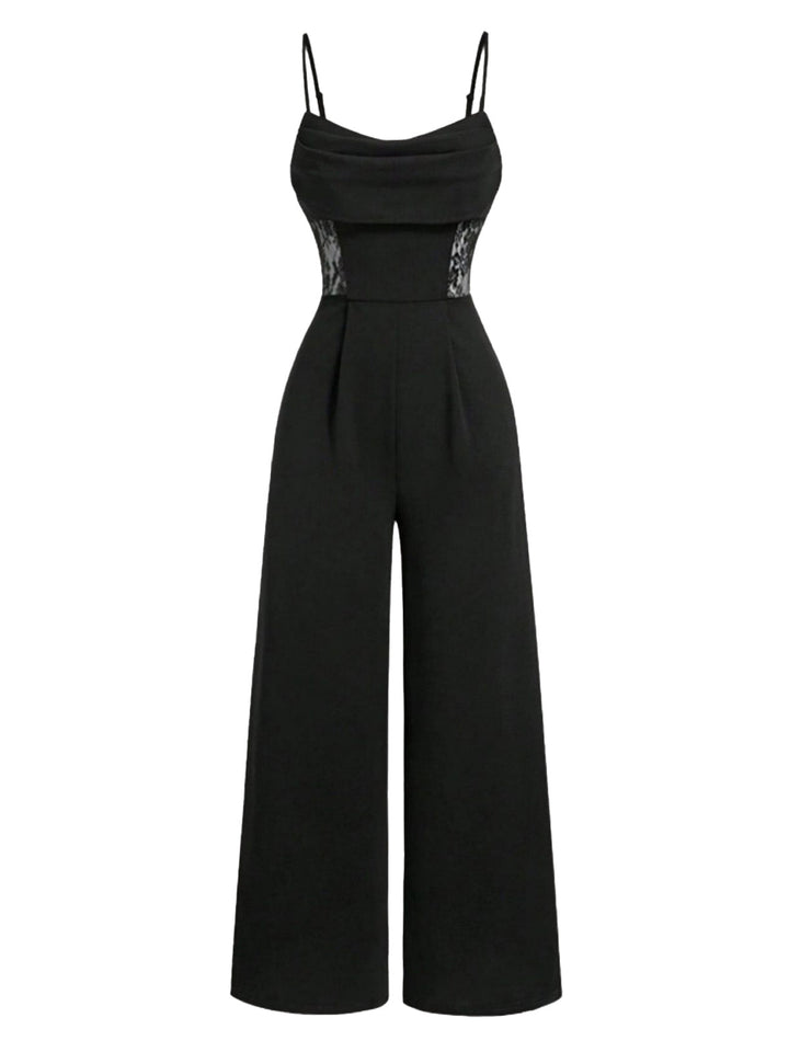 Black 1950s Cowl Neck Sheer Lace Patchwork Solid Jumpsuit - vintage jumpsuit, retro fashion, classic black