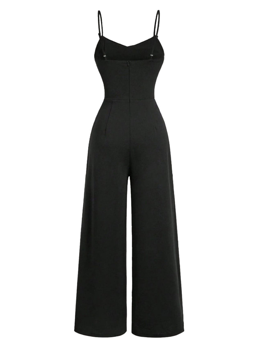Black 1950s Cowl Neck Sheer Lace Patchwork Solid Jumpsuit - vintage jumpsuit, retro fashion, classic black