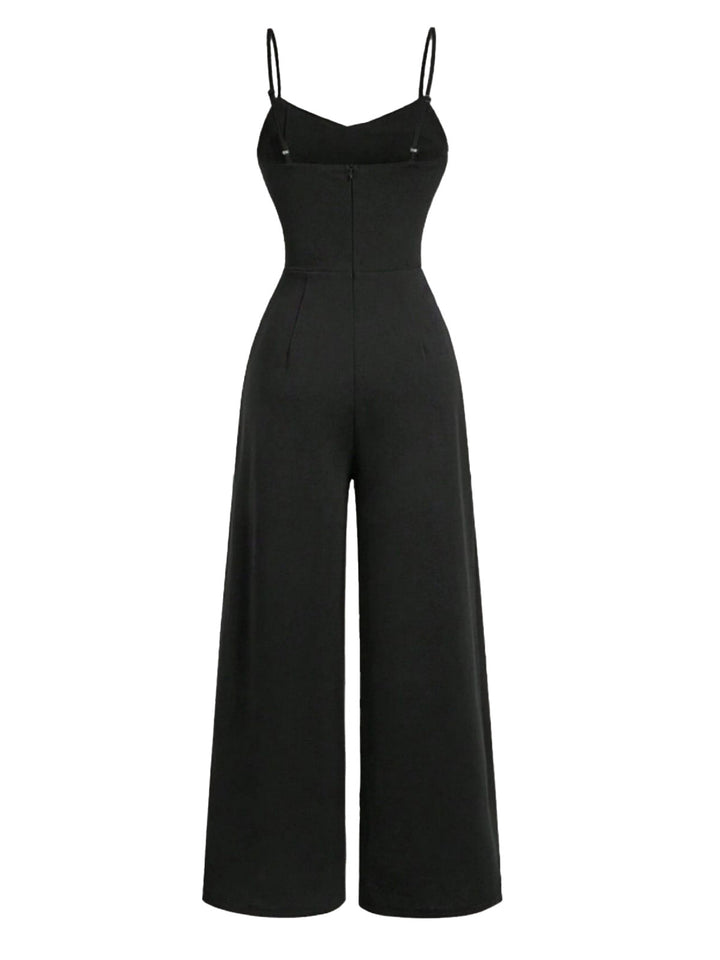 Black 1950s Cowl Neck Sheer Lace Patchwork Solid Jumpsuit - vintage jumpsuit, retro fashion, classic black