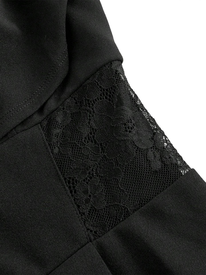 Black 1950s Cowl Neck Sheer Lace Patchwork Solid Jumpsuit - vintage jumpsuit, retro fashion, classic black