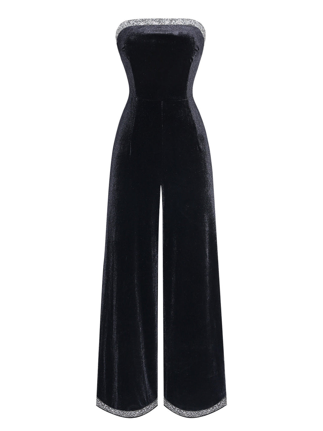 Black 1950s Strapless Velvet Rhinestone Patchwork Jumpsuit - vintage jumpsuit, retro fashion, classic black