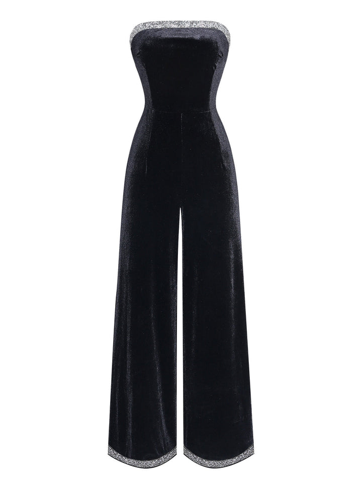 Black 1950s Strapless Velvet Rhinestone Patchwork Jumpsuit - vintage jumpsuit, retro fashion, classic black