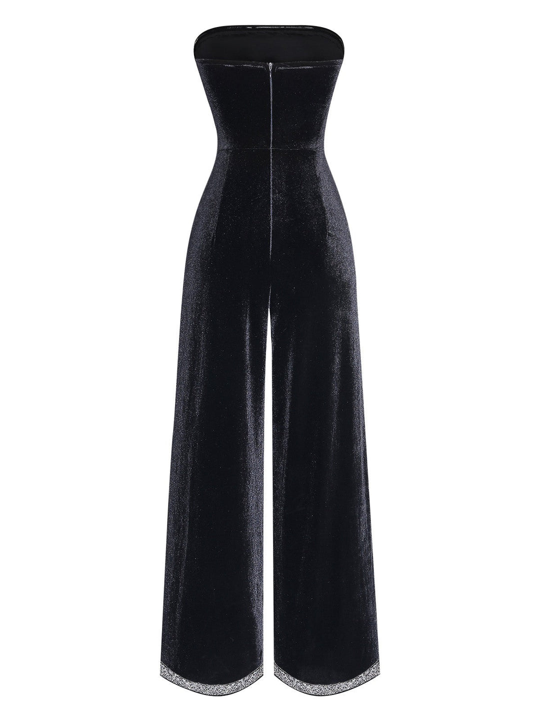 Black 1950s Strapless Velvet Rhinestone Patchwork Jumpsuit - vintage jumpsuit, retro fashion, classic black