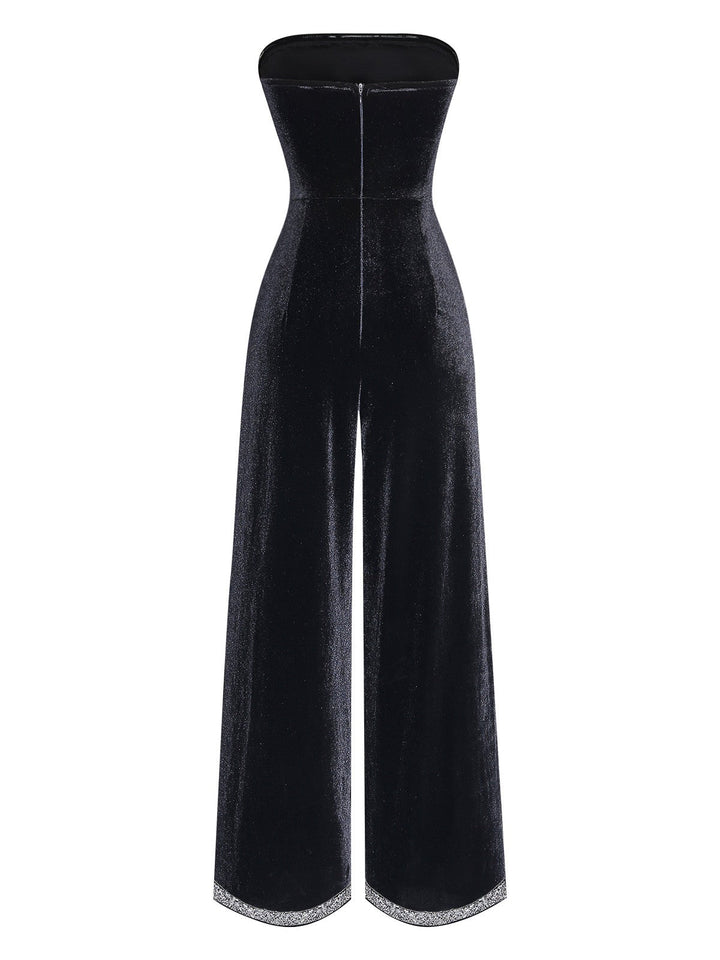 Black 1950s Strapless Velvet Rhinestone Patchwork Jumpsuit - vintage jumpsuit, retro fashion, classic black