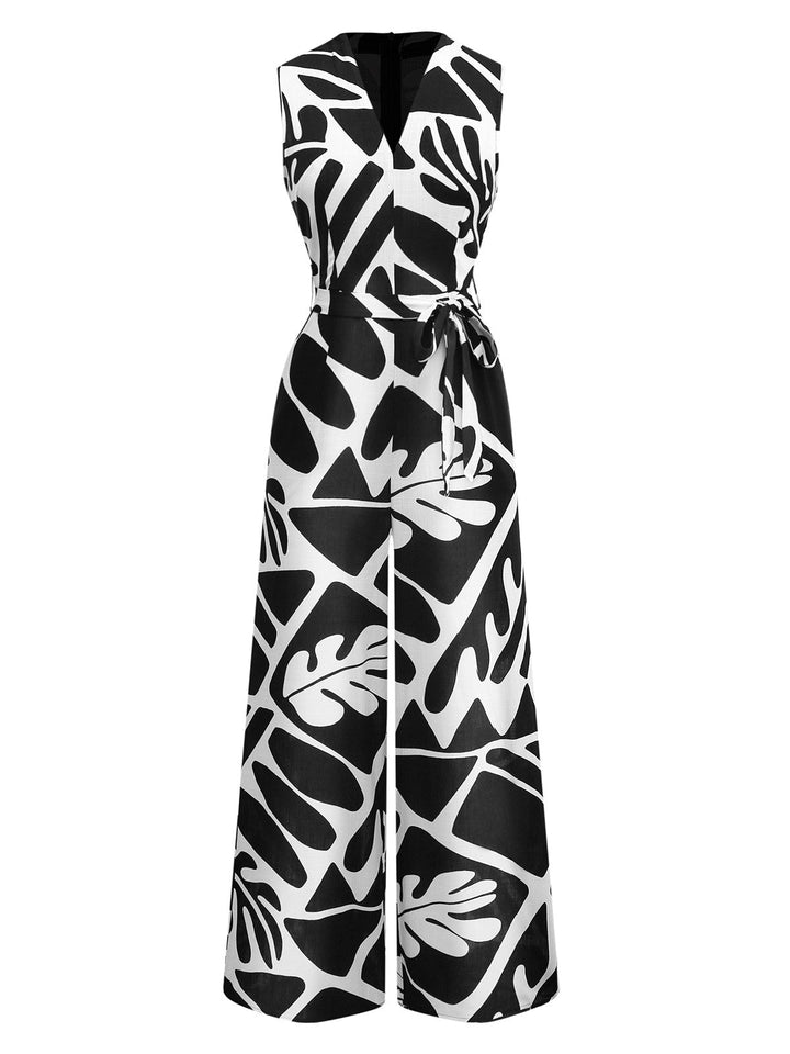 Black &amp; White 1950s Plants Silhouette Belted Jumpsuit - vintage jumpsuit, retro fashion, classic black
