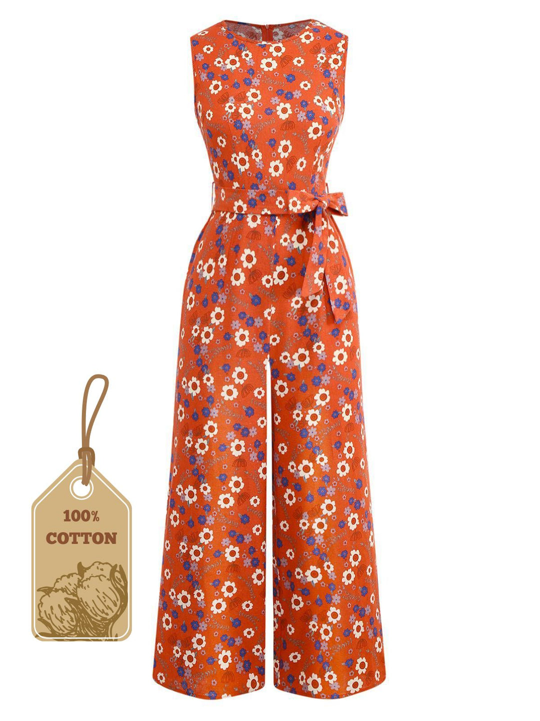 1950s Cotton Sleeveless All-Over Floral Belted Jumpsuit - vintage jumpsuit, retro fashion