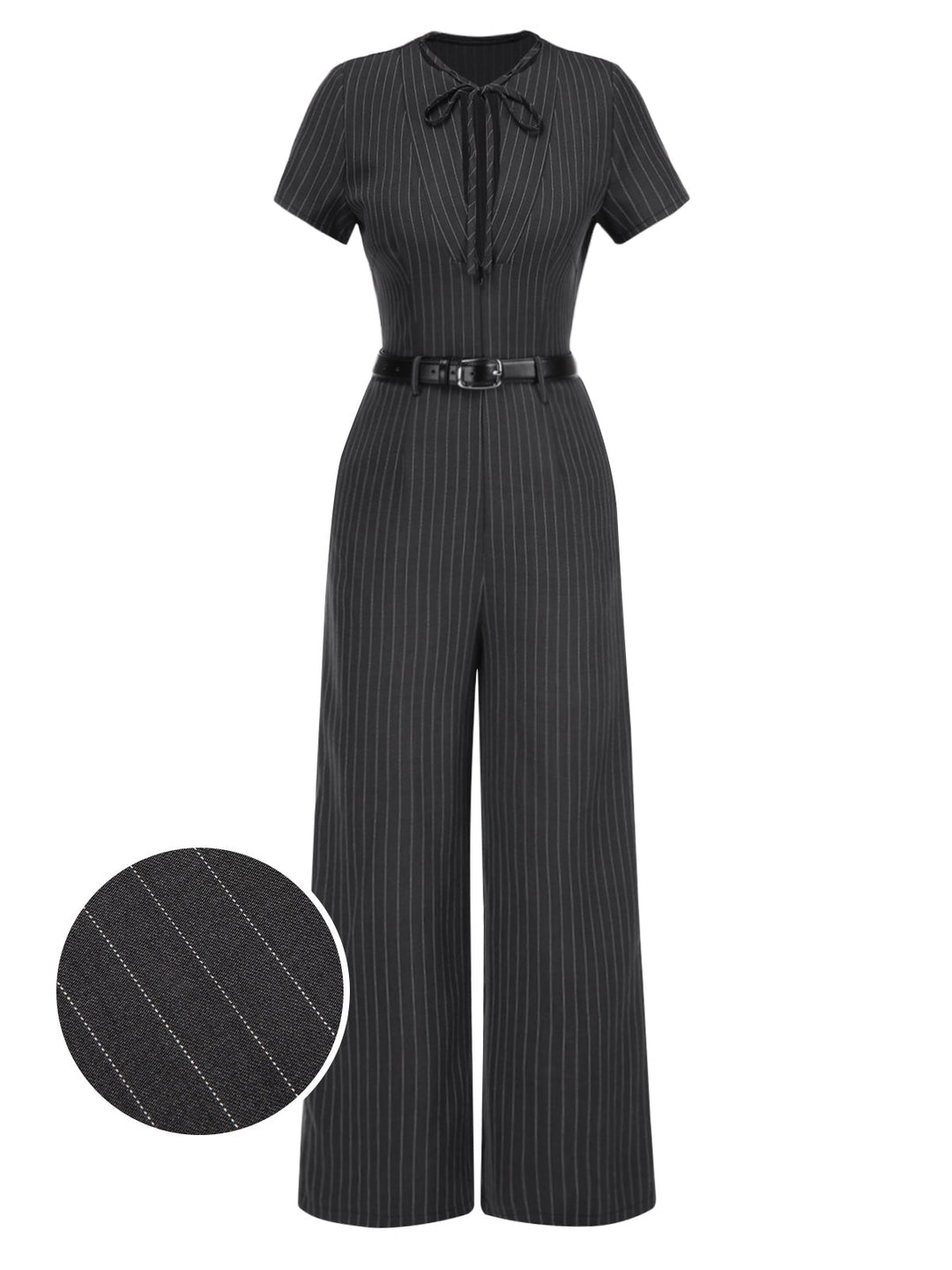 Dark Gray 1950s Striped Office Style Belted Jumpsuit - vintage jumpsuit, retro fashion
