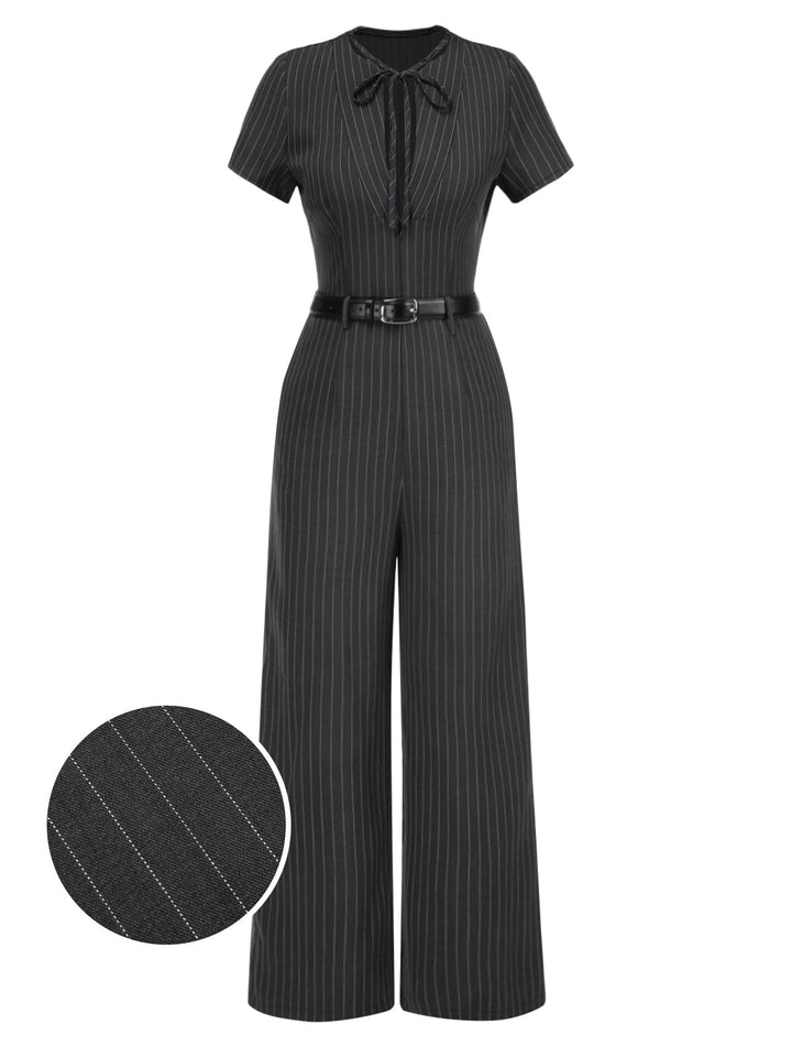 Dark Gray 1950s Striped Office Style Belted Jumpsuit - vintage jumpsuit, retro fashion
