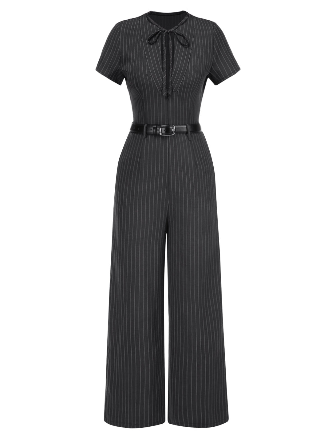 Dark Gray 1950s Striped Office Style Belted Jumpsuit - vintage jumpsuit, retro fashion