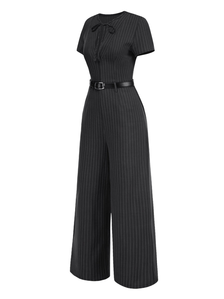 Dark Gray 1950s Striped Office Style Belted Jumpsuit - vintage jumpsuit, retro fashion