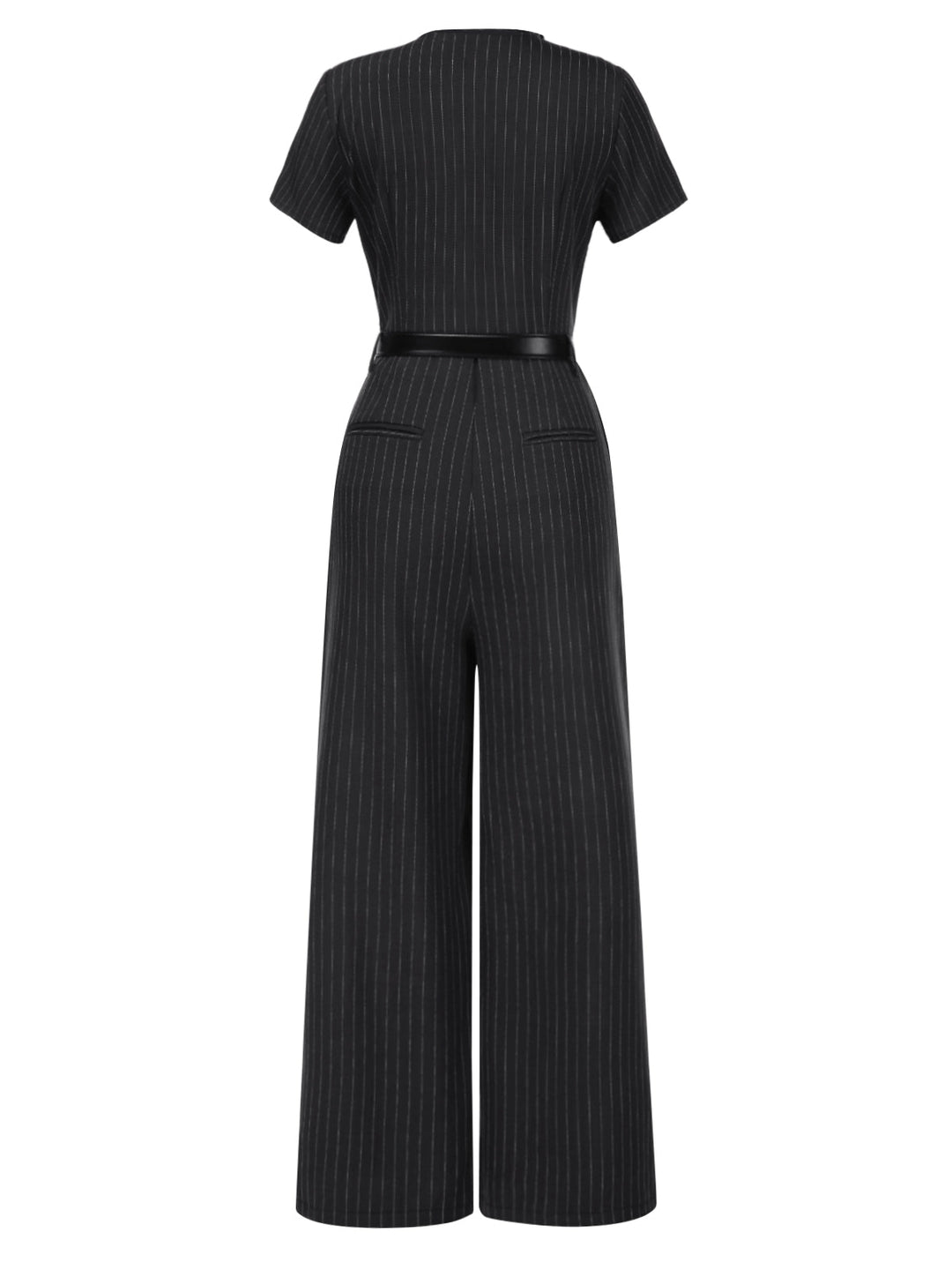Dark Gray 1950s Striped Office Style Belted Jumpsuit - vintage jumpsuit, retro fashion