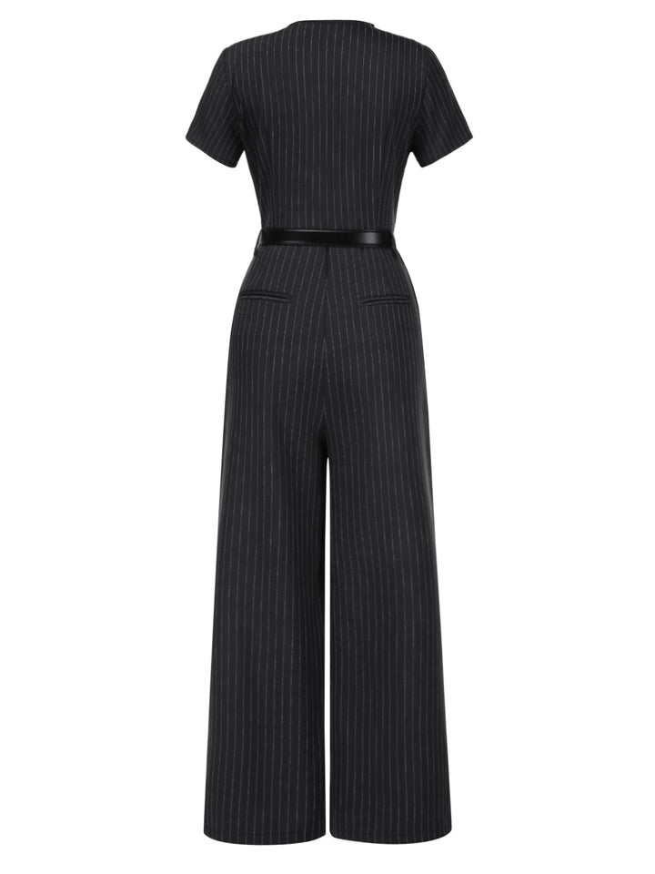 Dark Gray 1950s Striped Office Style Belted Jumpsuit - vintage jumpsuit, retro fashion