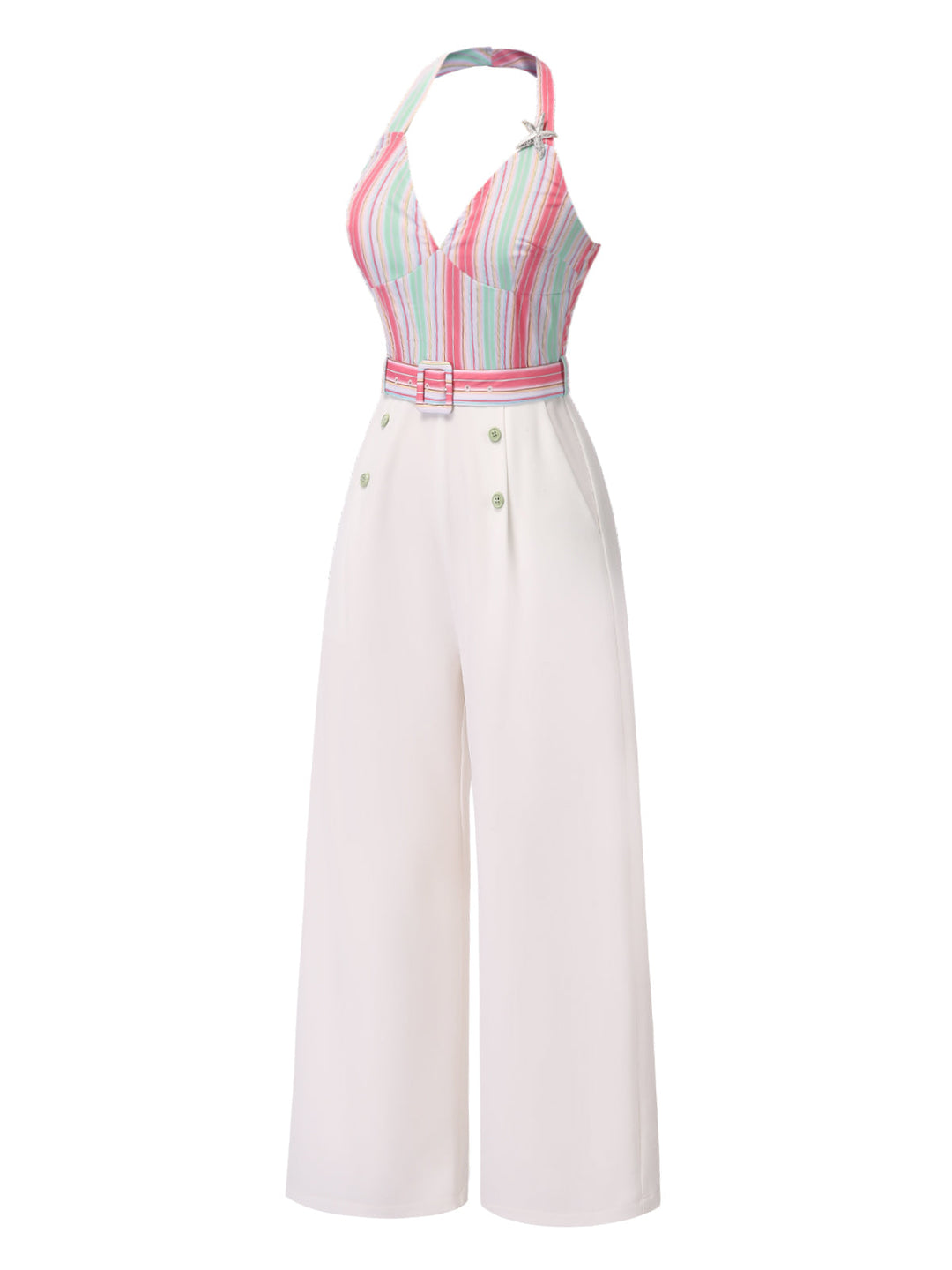 1950s Halter Starfish Colorful Stripes Belted Jumpsuit - vintage jumpsuit, retro fashion