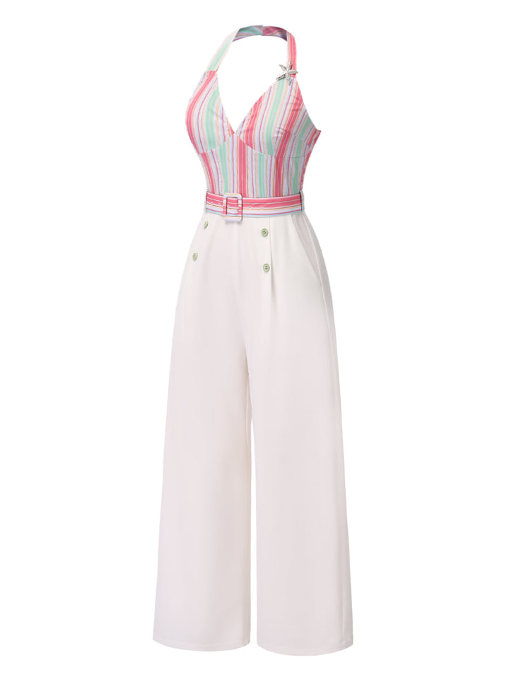 1950s Halter Starfish Colorful Stripes Belted Jumpsuit - vintage jumpsuit, retro fashion