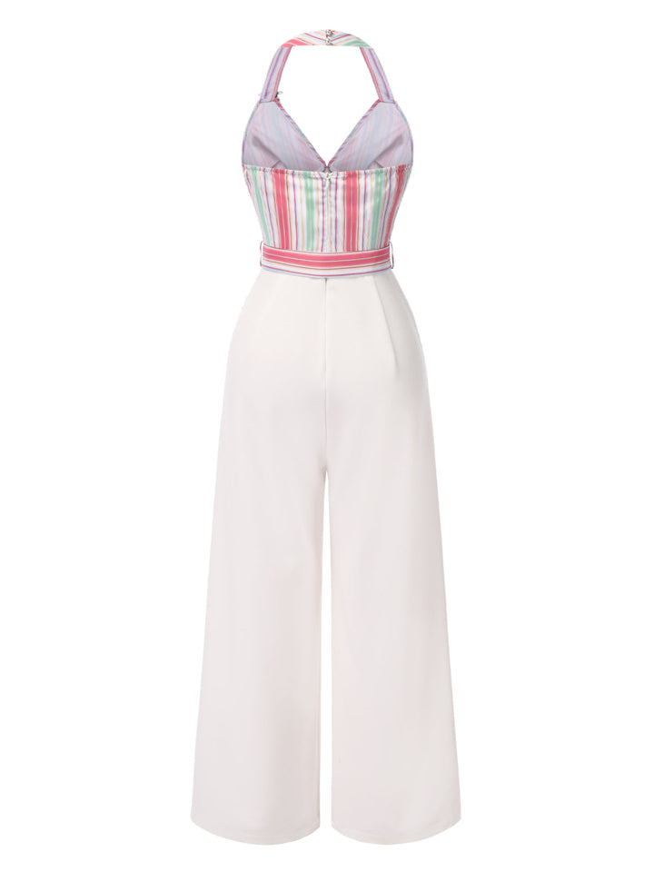 1950s Halter Starfish Colorful Stripes Belted Jumpsuit - vintage jumpsuit, retro fashion