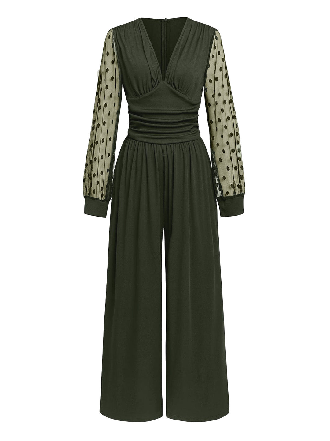 Olive Green 1950s V-Neck Sheer Polka Dot Sleeve Jumpsuit - vintage jumpsuit, retro fashion