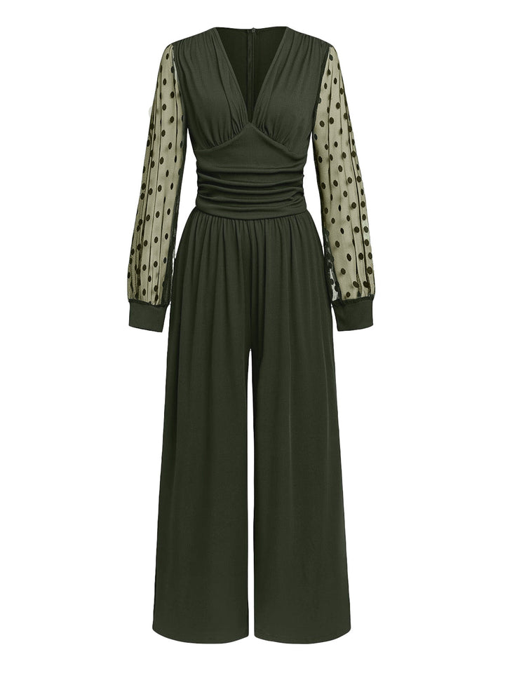 Olive Green 1950s V-Neck Sheer Polka Dot Sleeve Jumpsuit - vintage jumpsuit, retro fashion