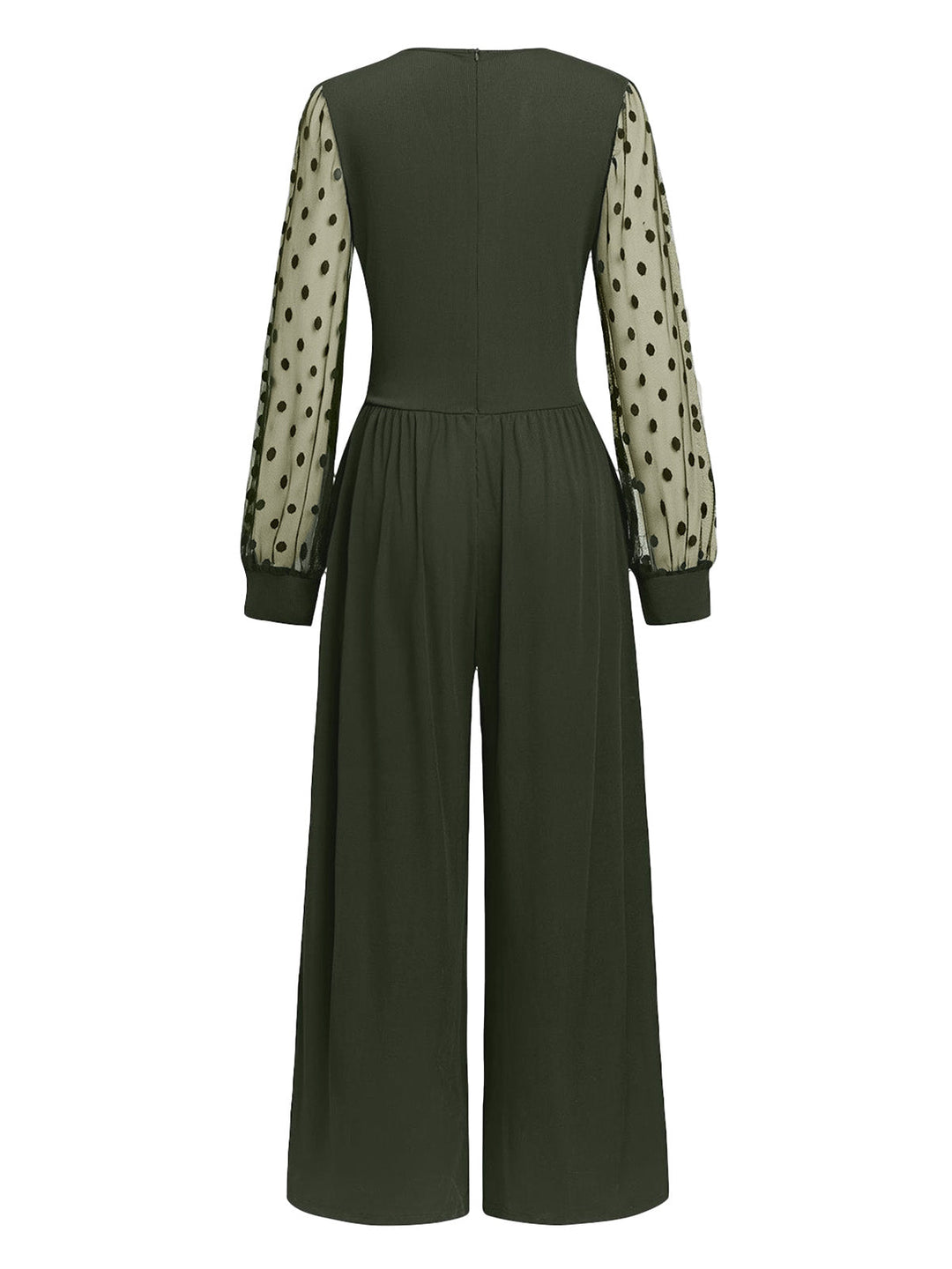 Olive Green 1950s V-Neck Sheer Polka Dot Sleeve Jumpsuit - vintage jumpsuit, retro fashion