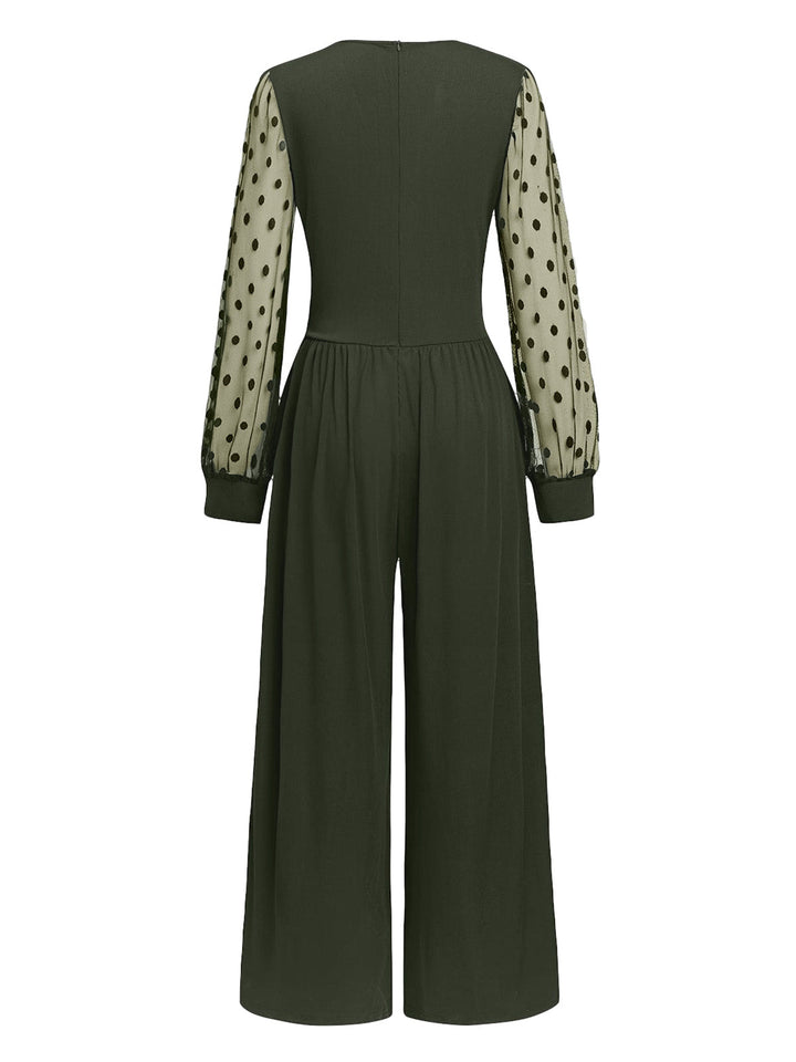 Olive Green 1950s V-Neck Sheer Polka Dot Sleeve Jumpsuit - vintage jumpsuit, retro fashion