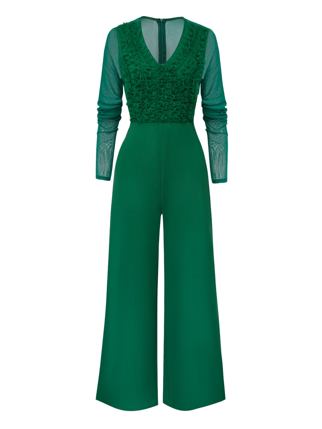 1950s Solid Deep V-Neck Ruffled Sheer Sleeve Jumpsuit - vintage jumpsuit, retro fashion