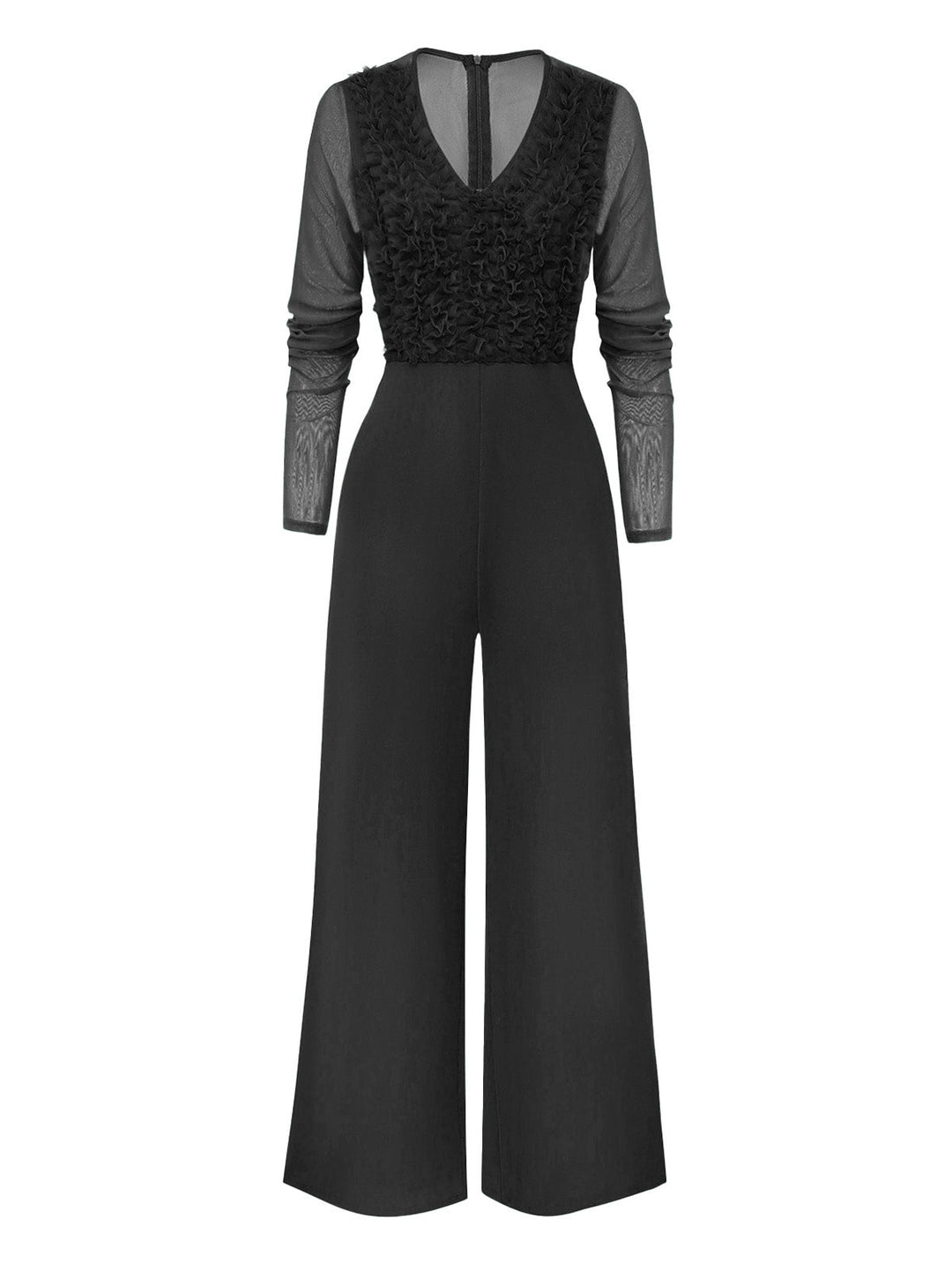 1950s Solid Deep V-Neck Ruffled Sheer Sleeve Jumpsuit - vintage jumpsuit, retro fashion