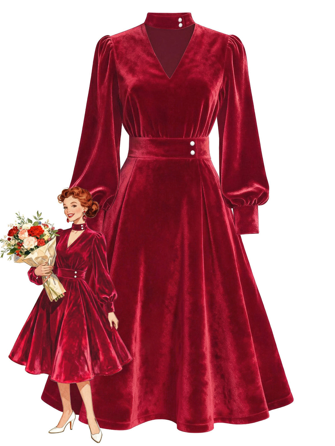 1950s Keyhole V-Neck Pearl Velvet Dress - vintage dress, retro fashion, rockabilly