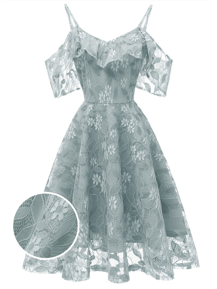 1950s Lace Cold Shoulder Ruffle Dress, classic 1950s style elegant retro fashion - Image 1